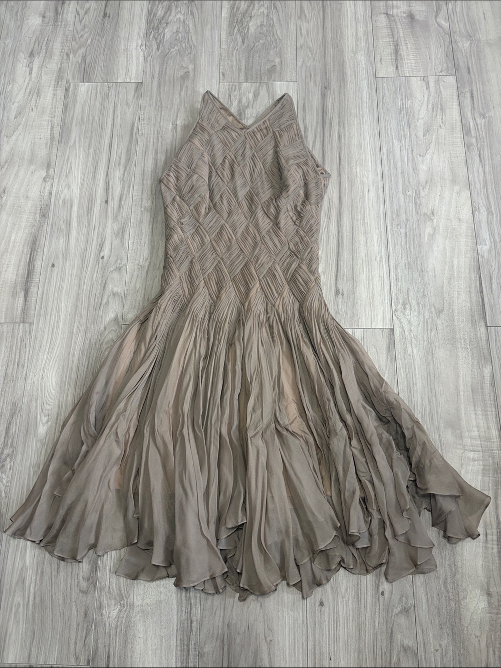 Tadashi Shoji Taupe Woven Bodice Chiffon Midi Dress